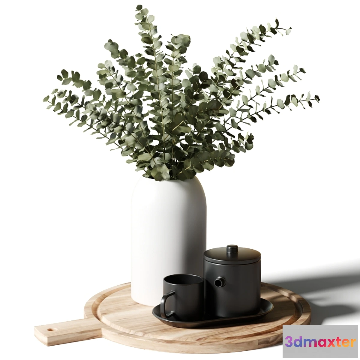 548333 - A bouquet of eucalyptus in a white vase and a teapot with a cup on a wooden board