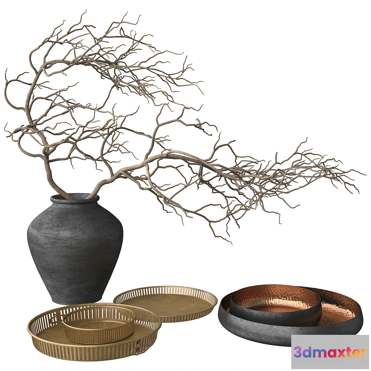827048 - Rustic Set - Vase Branch Copper Bowl and Brass Tray - No.4