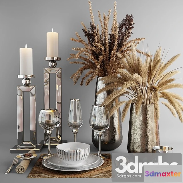 924772 - Decorative set with dishes and bouquets of dry grass