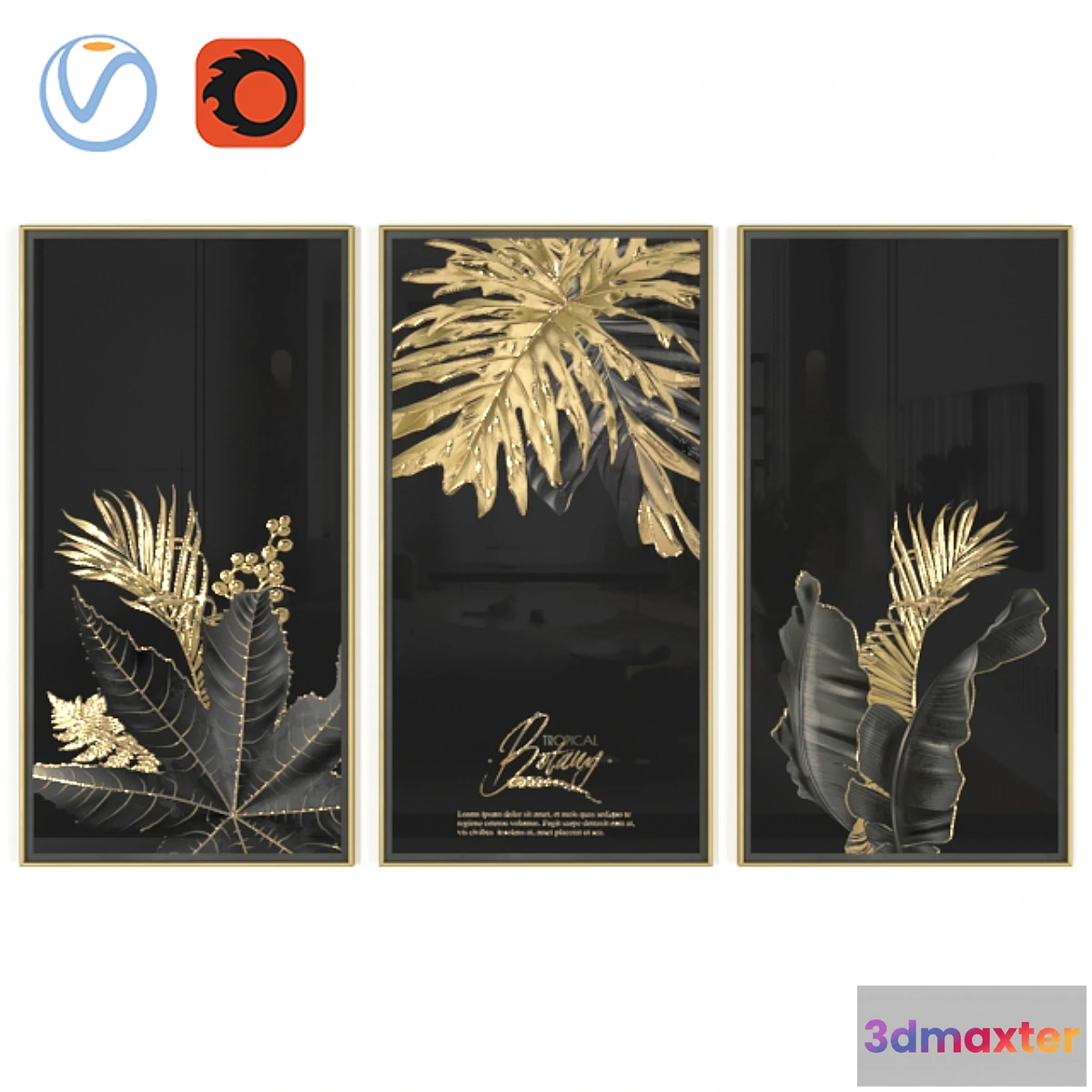1330567 - Golden black leaves wall art 3D Max