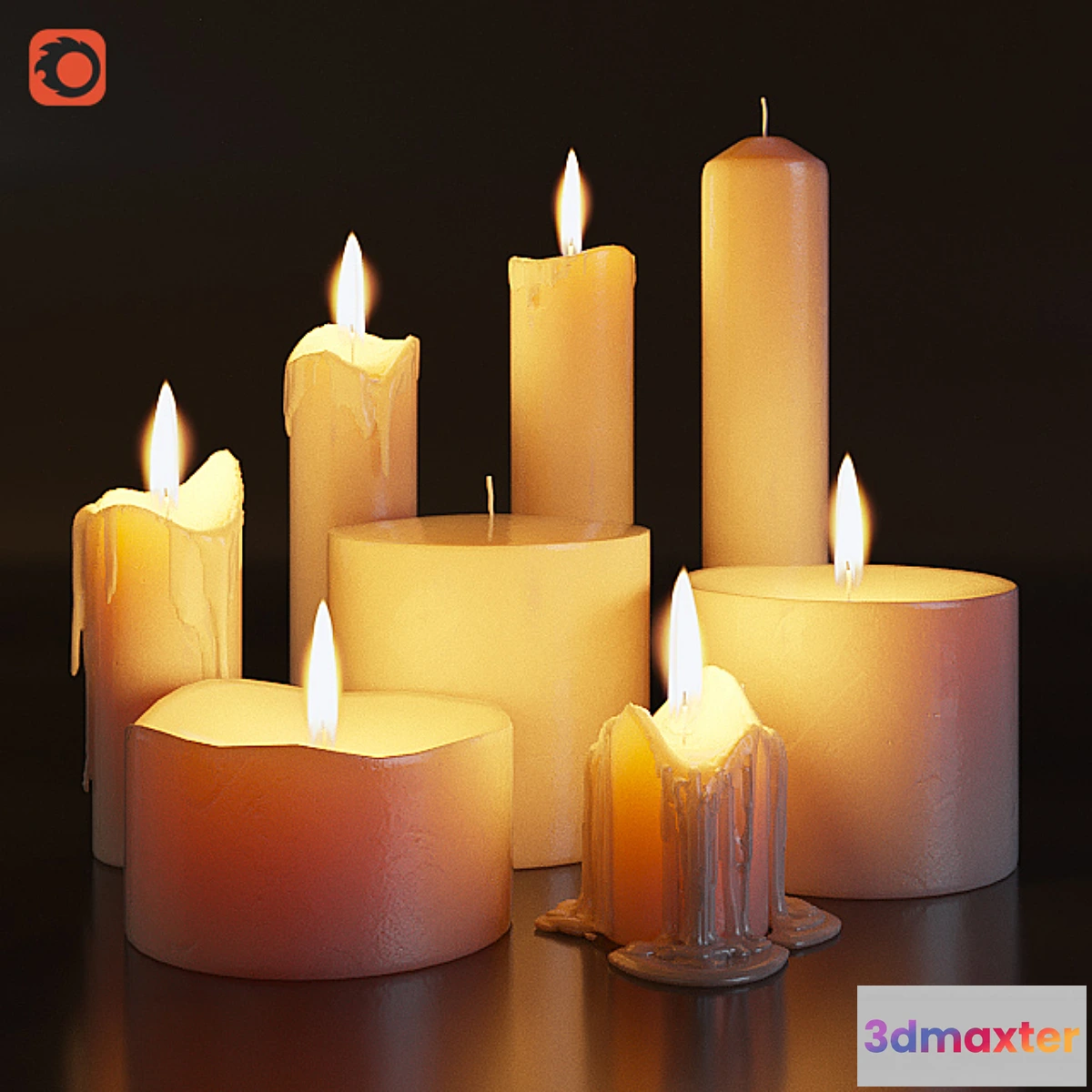 1281428 - Set of burning candles 3D Max