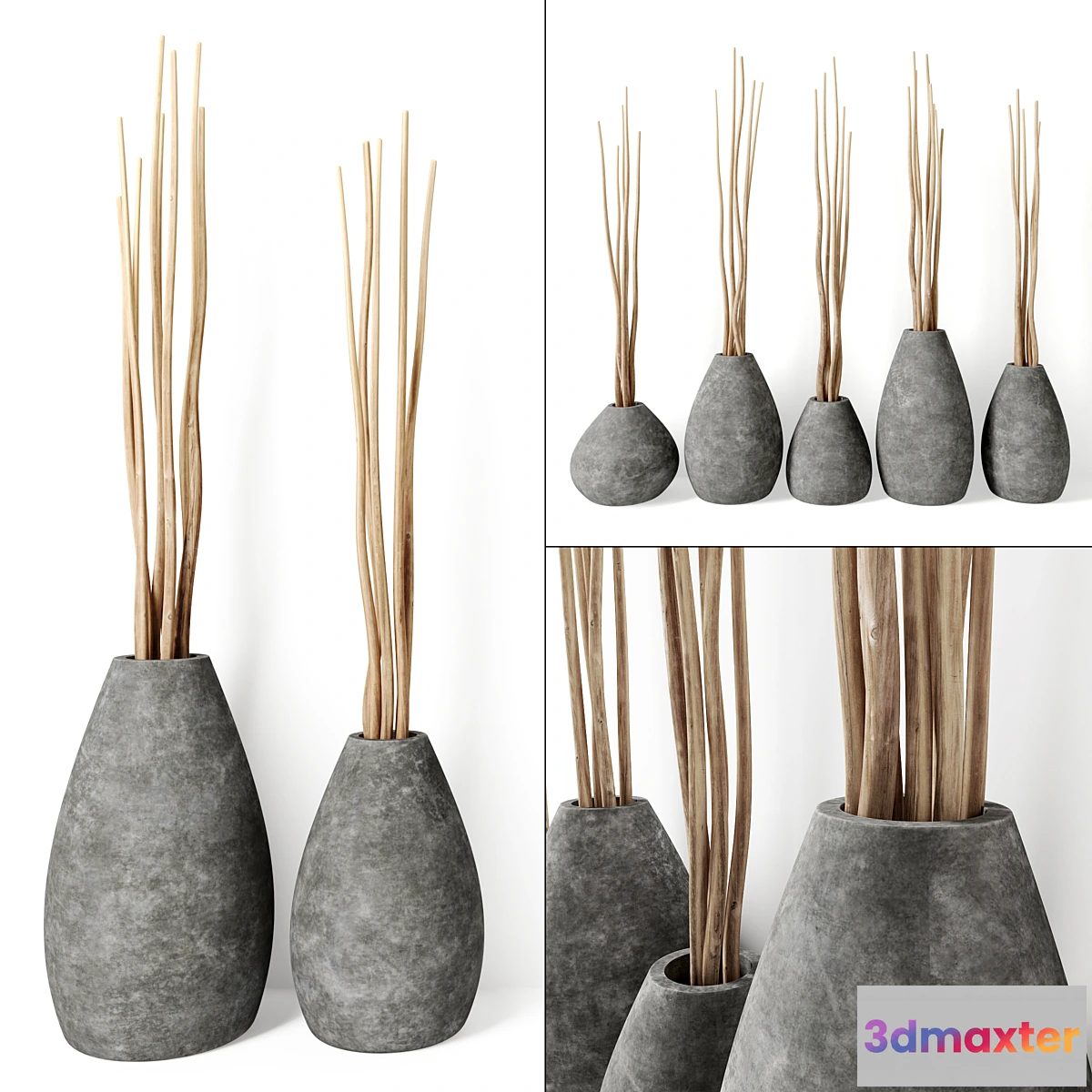 1297881 - Decor from branches in concrete vases 3D Max