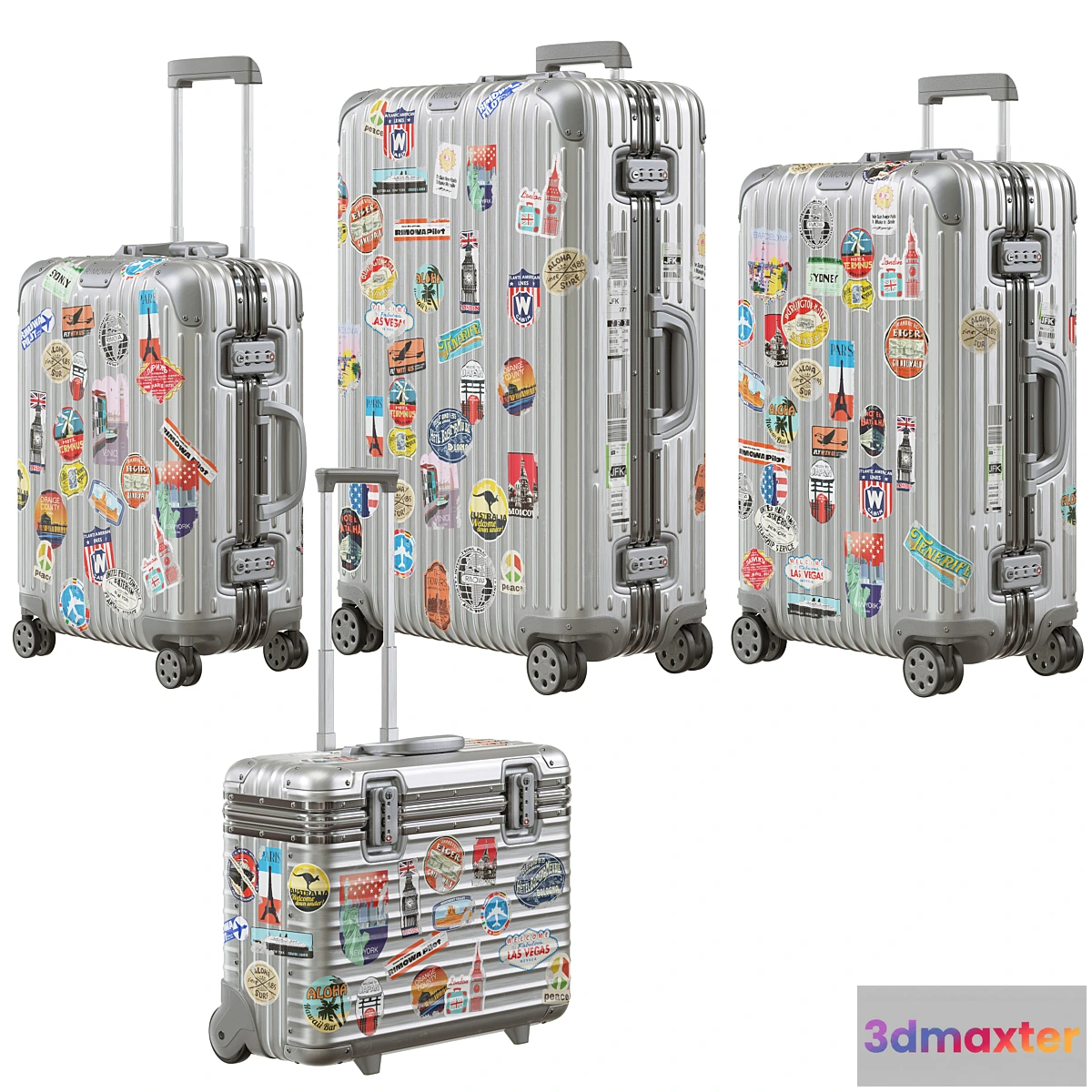 1431002 - Rimowa Aluminum Luggage with Stickers PBR 4k 3D Max