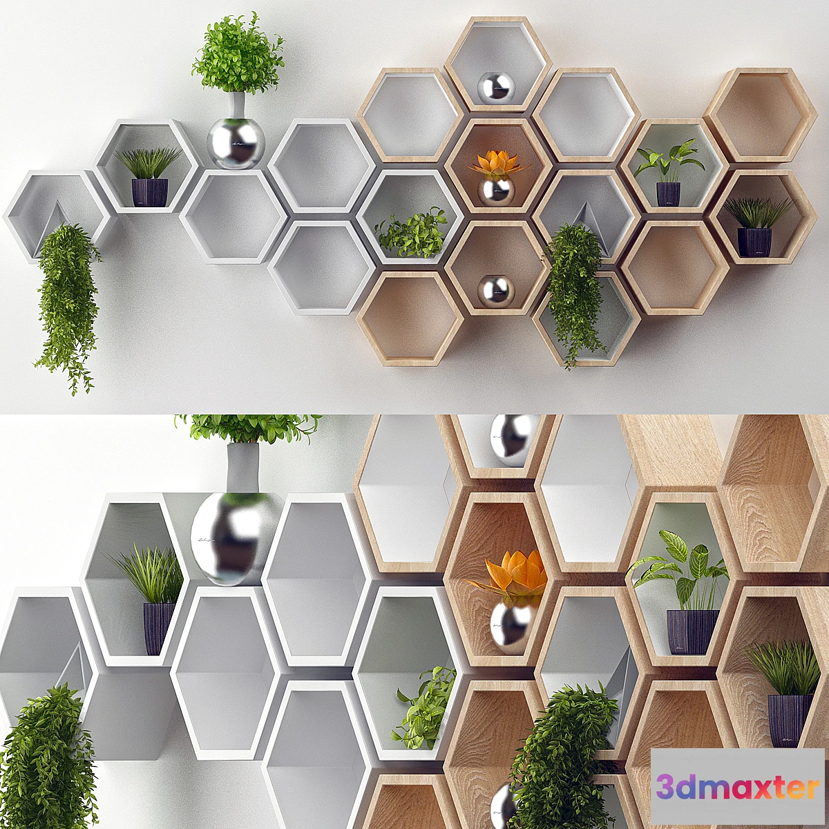 1451976 - Rustic White Hexagon Wall Shelf in Solid Oak 3D Max