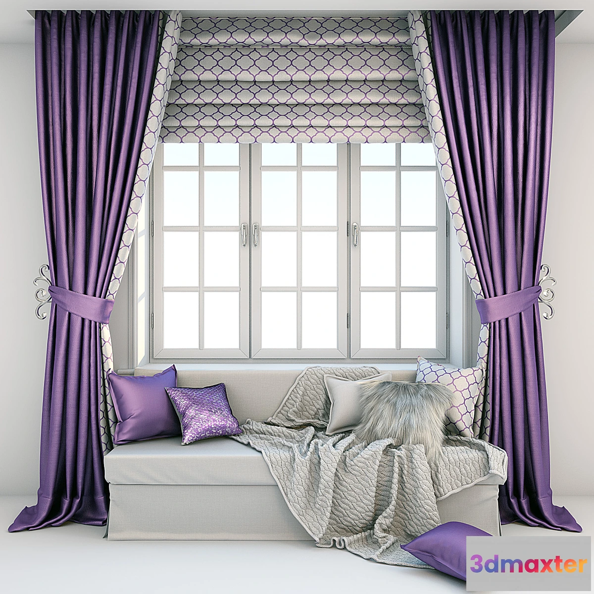 1464988 - Soft window area - sofa with cushions blankets and curtains 3D Max