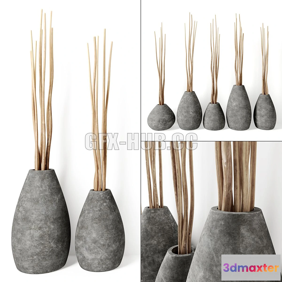 1554879 - Decor from branches in concrete vases 3D Max