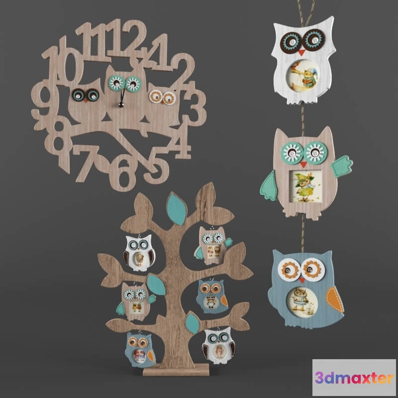 1601688 - decoration - Wall clock. Frame Tree Owls 6 photos 3D Max