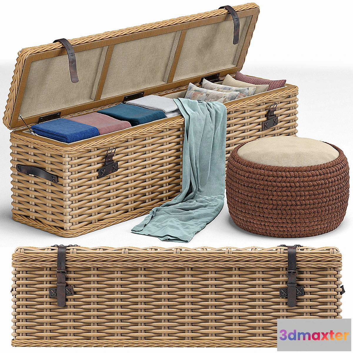 577180 - Brenna Leather Accent Woven Rattan Trunk pouf