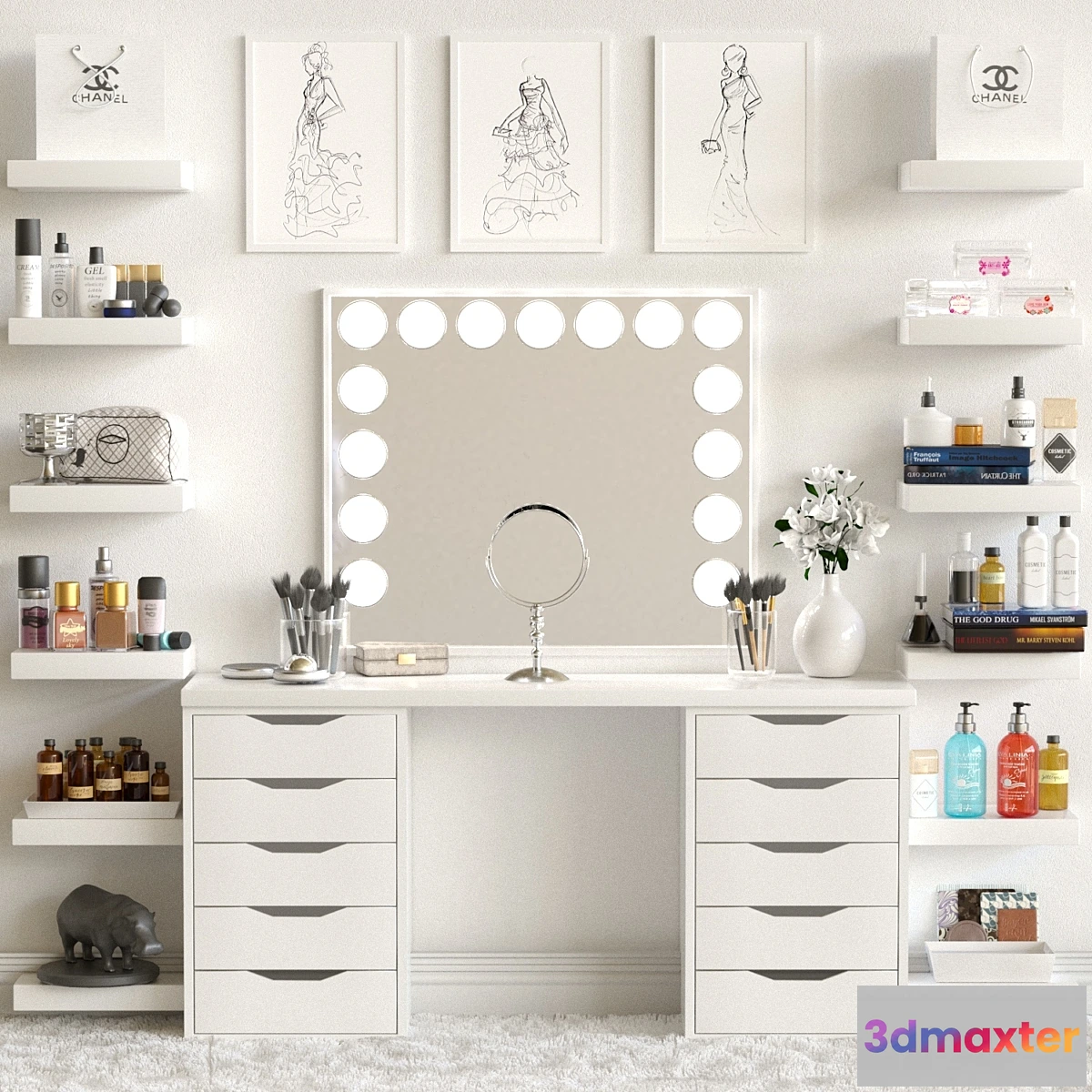 590444 - Dressing table and shelves with cosmetics. Makeup 3
