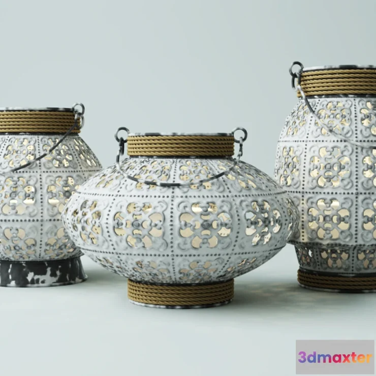 634309 - White Metal Lantern Set