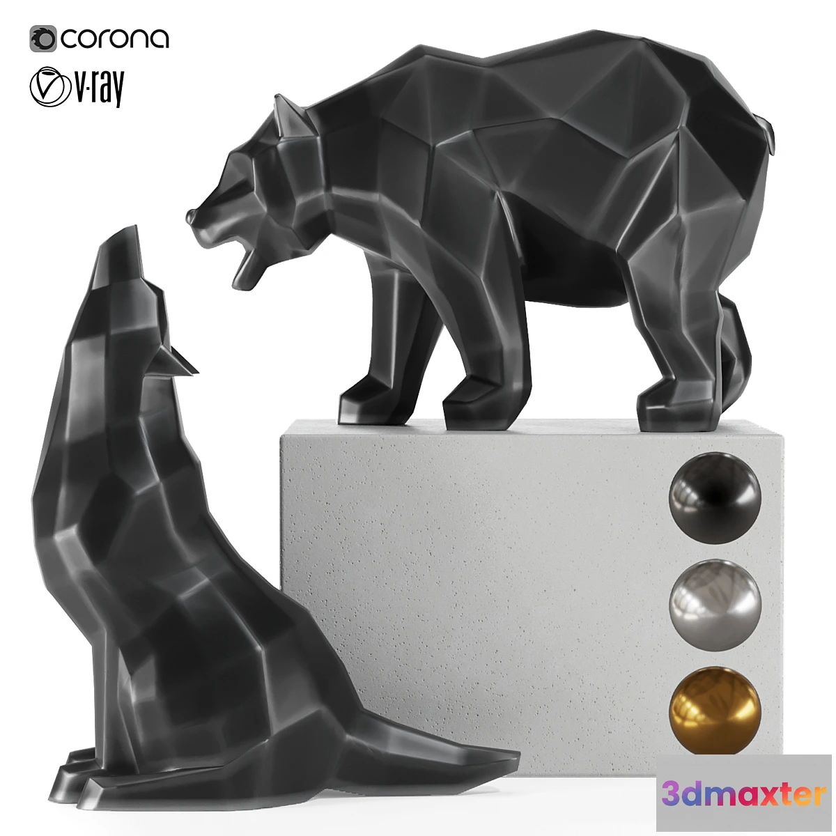1333024 - geometric wolf and bear statue 3D Max
