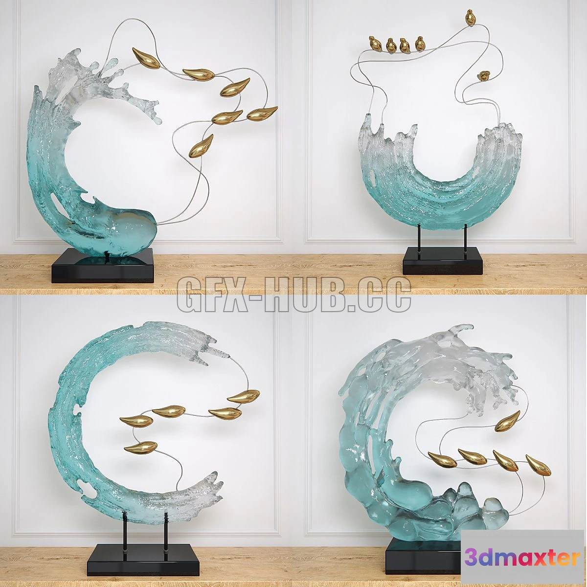 1554741 - Abstract RESIN sculpture with birds glass material 3D Max
