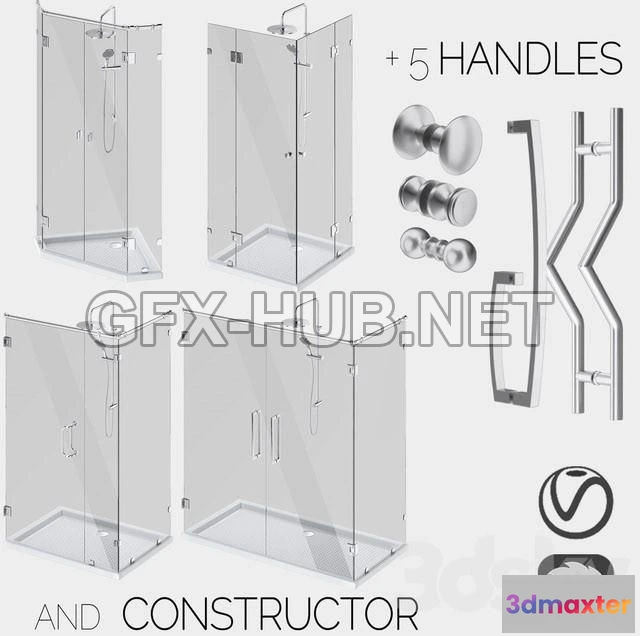 1197312 - FURNITURE 3D MODELS - Angled glass shower cabins, designer and handle set