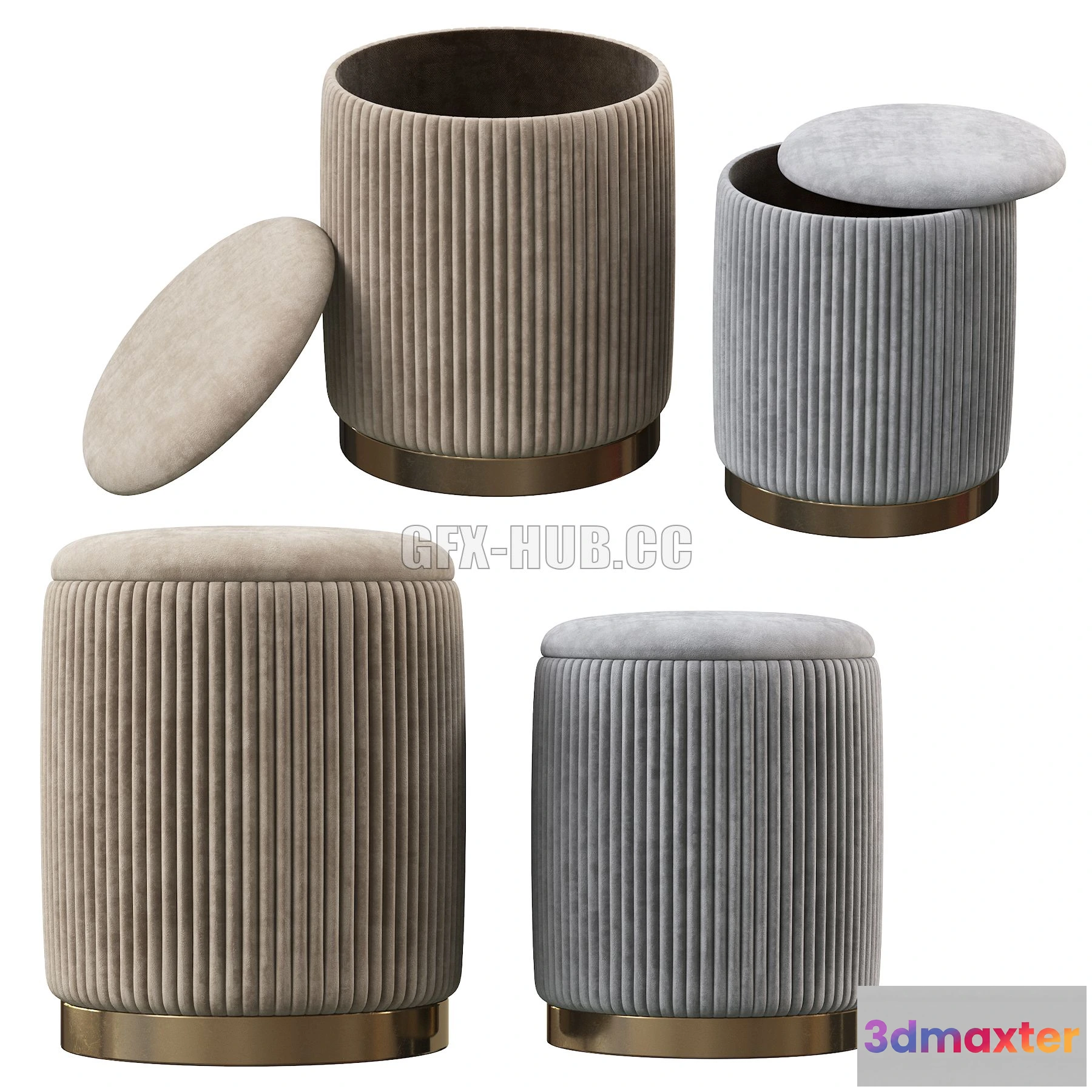 1199052 - FURNITURE 3D MODELS - Channeled Gray Storage Ottomans Set of 2