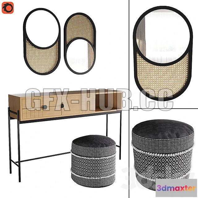 1199228 - FURNITURE 3D MODELS - Clara Console Curico Pouf Waska Mirror