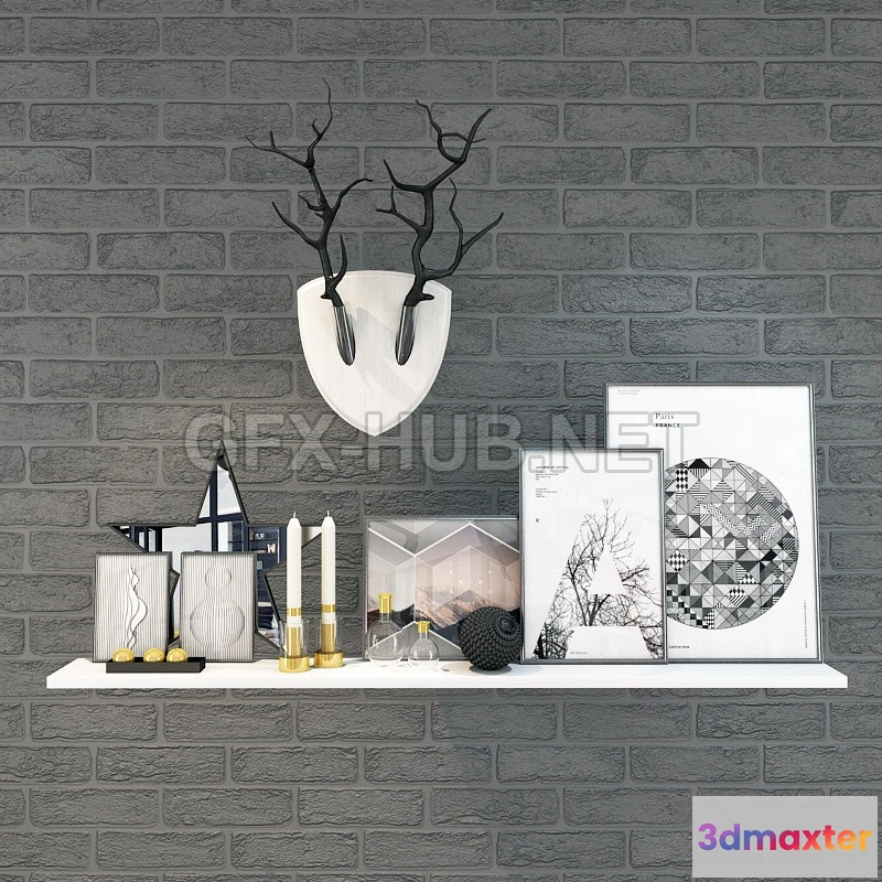 1199946 - FURNITURE 3D MODELS - Decorative set with shelf and horns