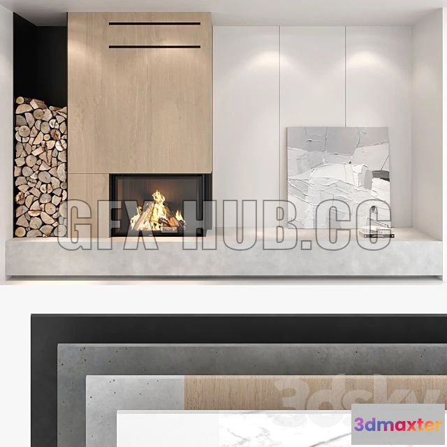 1199972 - FURNITURE 3D MODELS - Decorative Wall with Fireplace Set 01