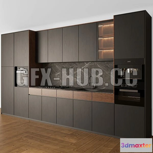 1201988 - FURNITURE 3D MODELS - Kitchen Modern 05 Black & Wood