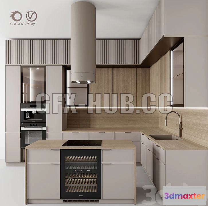 1203074 - FURNITURE 3D MODELS - Modern Kitchen 115 Beige Rail