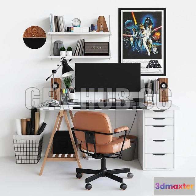 1203086 - FURNITURE 3D MODELS - Modern Workplace set with decor. Sk 1