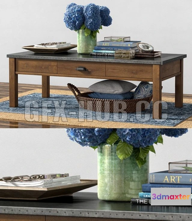 1203888 - FURNITURE 3D MODELS - Pottery Barn CHANNING COFFEE TABLE with BOSWORTH PRINTED WOOL RUG - BLUE