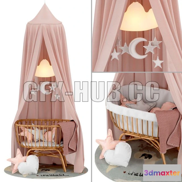 1203960 - FURNITURE 3D MODELS - Rattan Cradle with Linen Canopy by Childhome