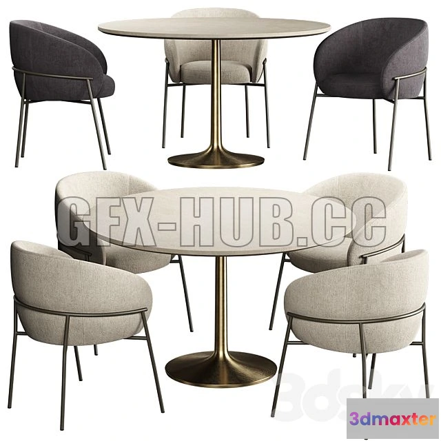 1204048 - FURNITURE 3D MODELS - RIMO Chair Brown Marble Dining Table with Brass Base