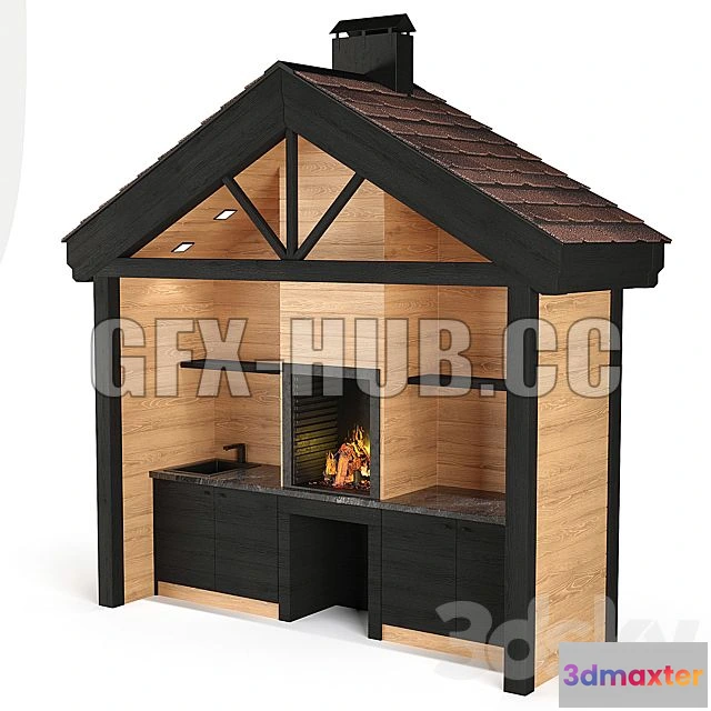 1205168 - FURNITURE 3D MODELS - Wooden summer kitchen with barbecue