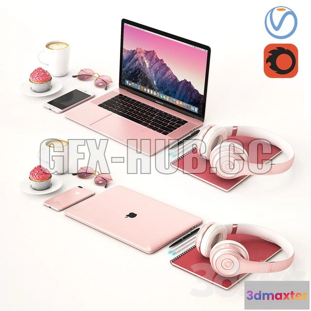 1205184 - FURNITURE 3D MODELS - Workplace Rose Gold MacBook