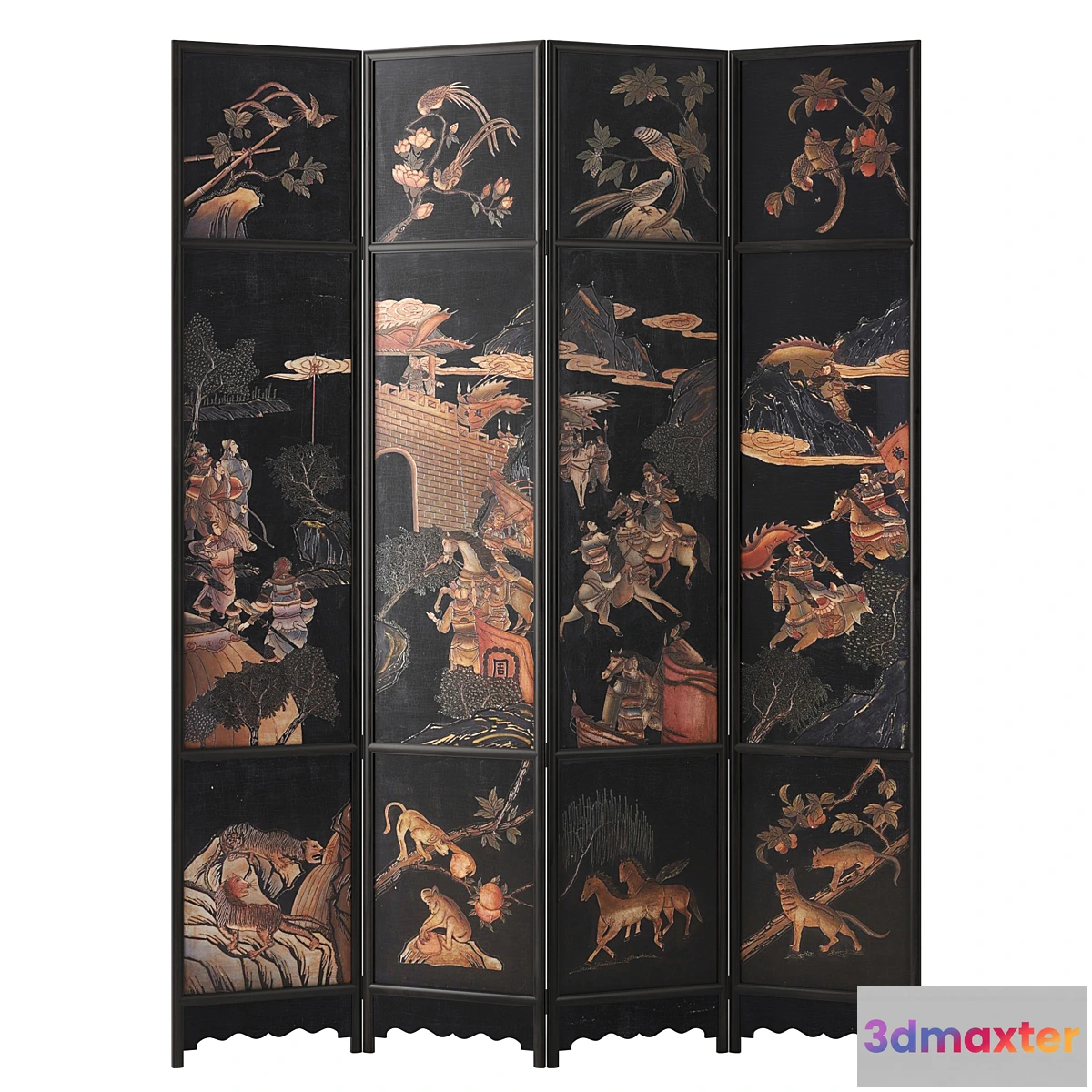 761517 - Chinese Four-Panel Lacquered Coromandel Panel Screen - No.3