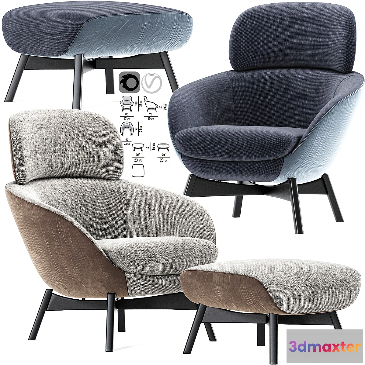 1353076 - Minotti Russell Arm Chair With Pouf 3D Max