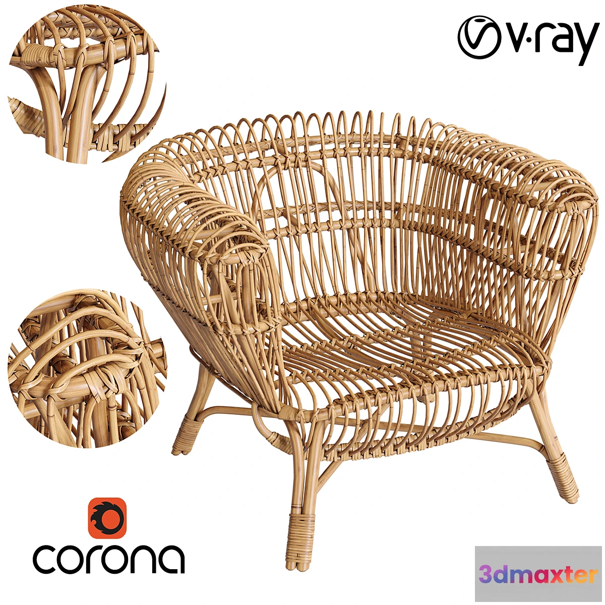 1443172 - Handwoven Rattan and Kubu Roll Arm Calida Chair 3D Max