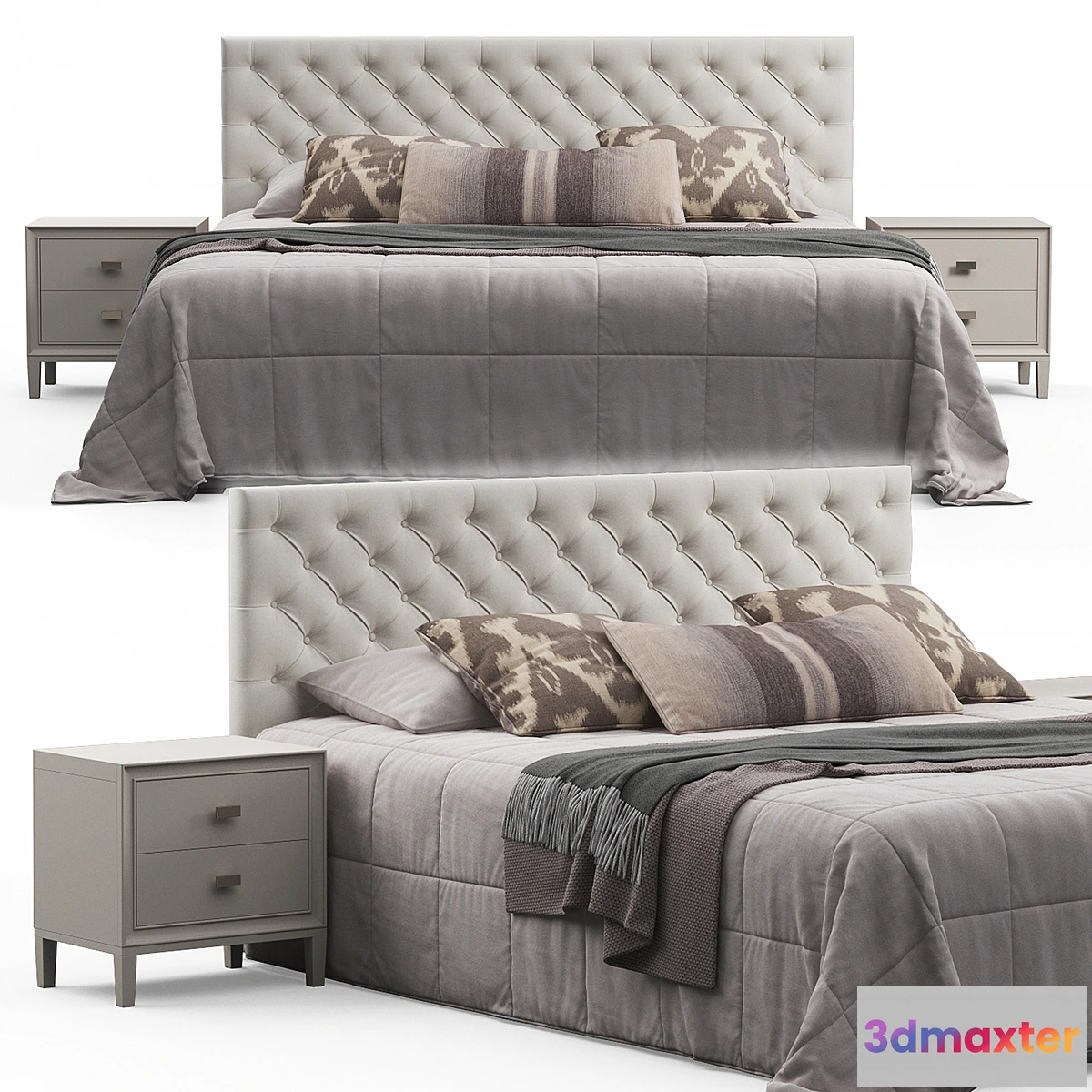 1396962 - Brunet Contemporary Button Tufted Fabric Queen Headboard Bed 3D Max