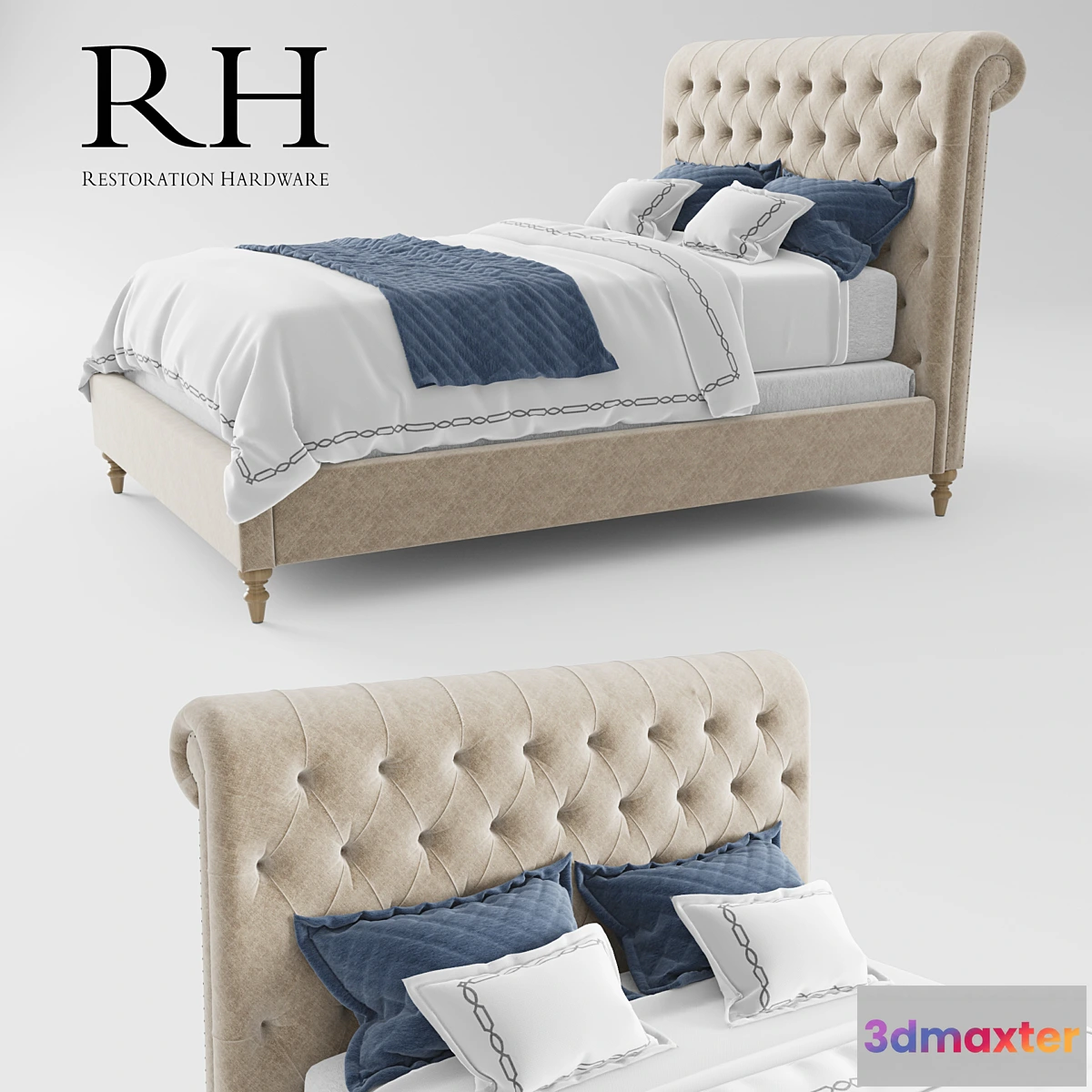 650419 - RH Chesterfield Fabric Sleigh Bed