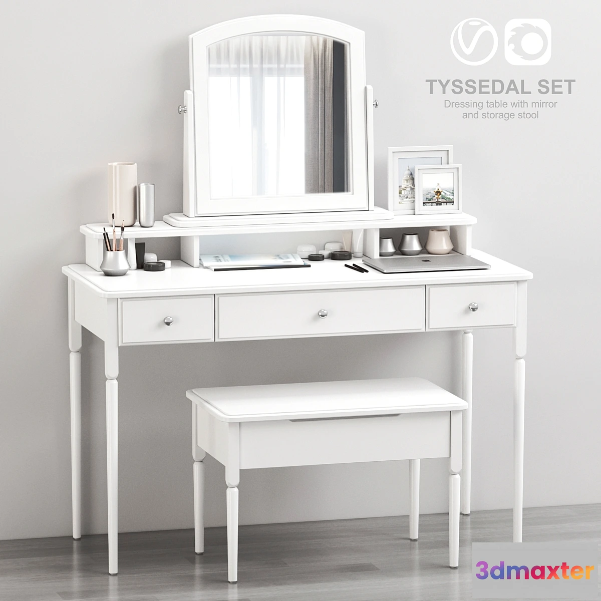 1300351 - IKEA TYSSEDAL Dressing table with mirror and storage stool white 3D Max