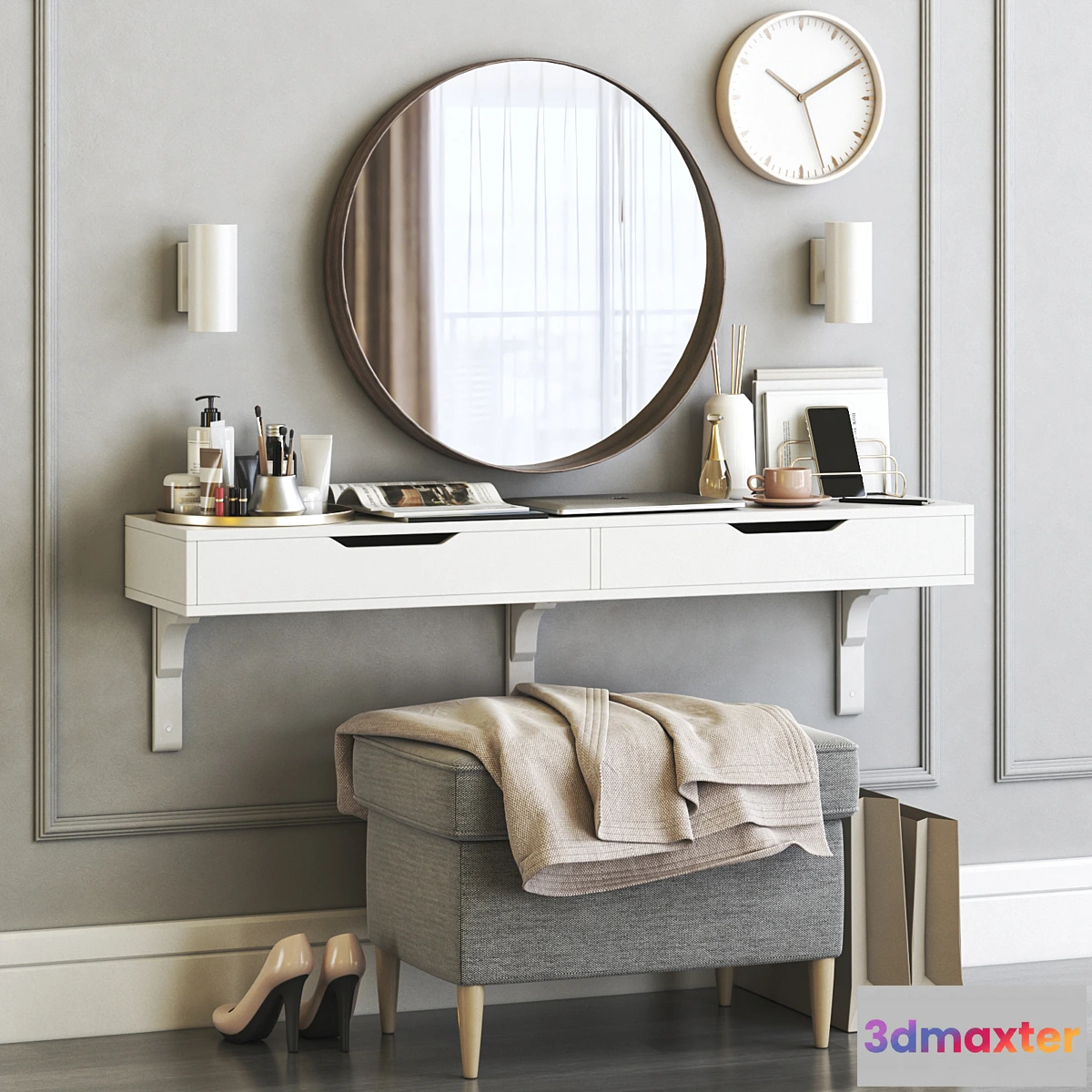 863953 - IKEA ALEX dressing table with STRANDMON ottoman and STOCKHOLM round mirror - No.4