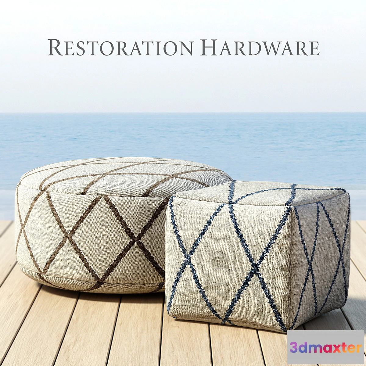 637019 - RH _ OUTDOOR HAND-KNOTTED MOROCCAN TILE FLATWEAVE POUF