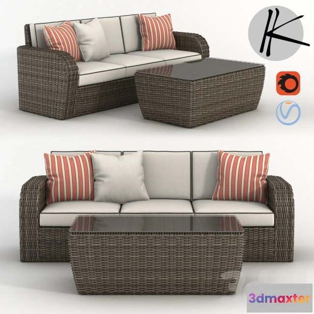 1095156 - wicker rattan sofa + coffee table - 228713