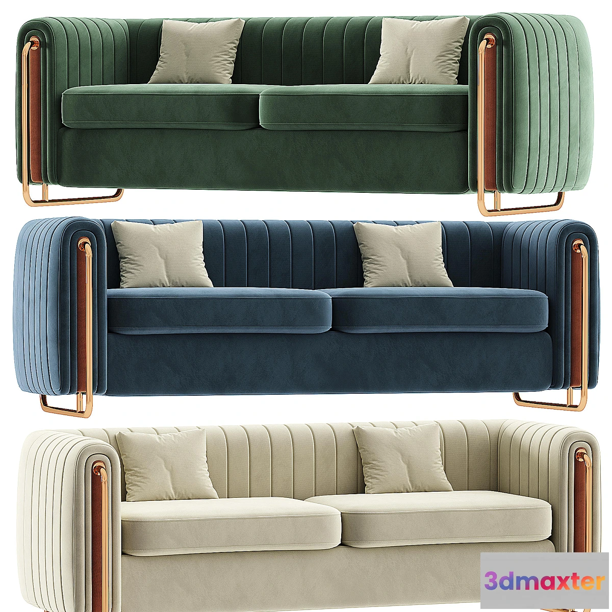 1418794 - Modern Velvet Sofa Channel Tufted Arms and Back Green 3D Max