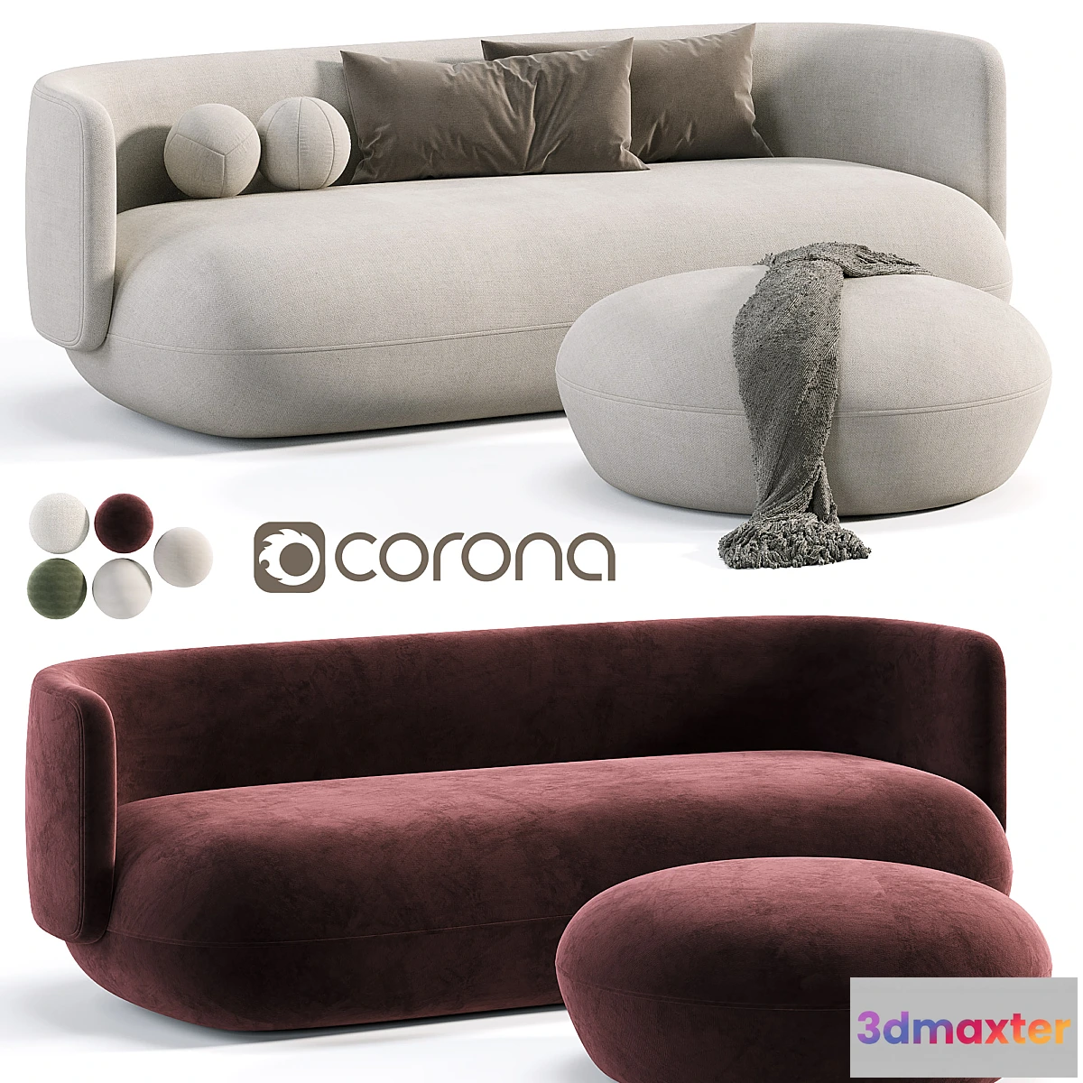 1453726 - Ivan fabric round shaped 3 seator sofa 3D Max