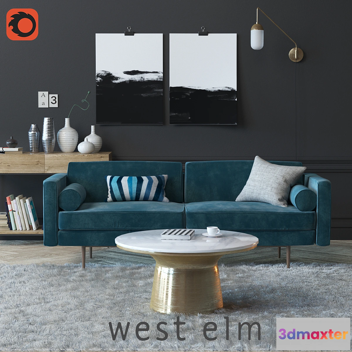 1461328 - Set with sofa Monroe Mid-Century Sofa and decor 3D Max