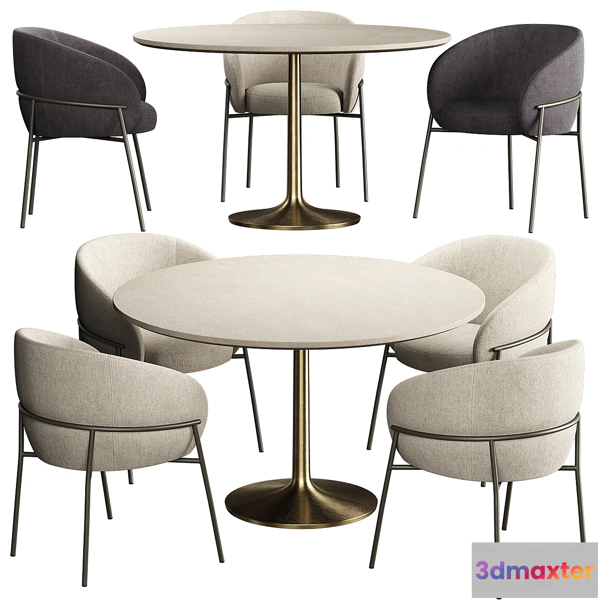 1314460 - RIMO Chair Brown Marble Dining Table with Brass Base 3D Max