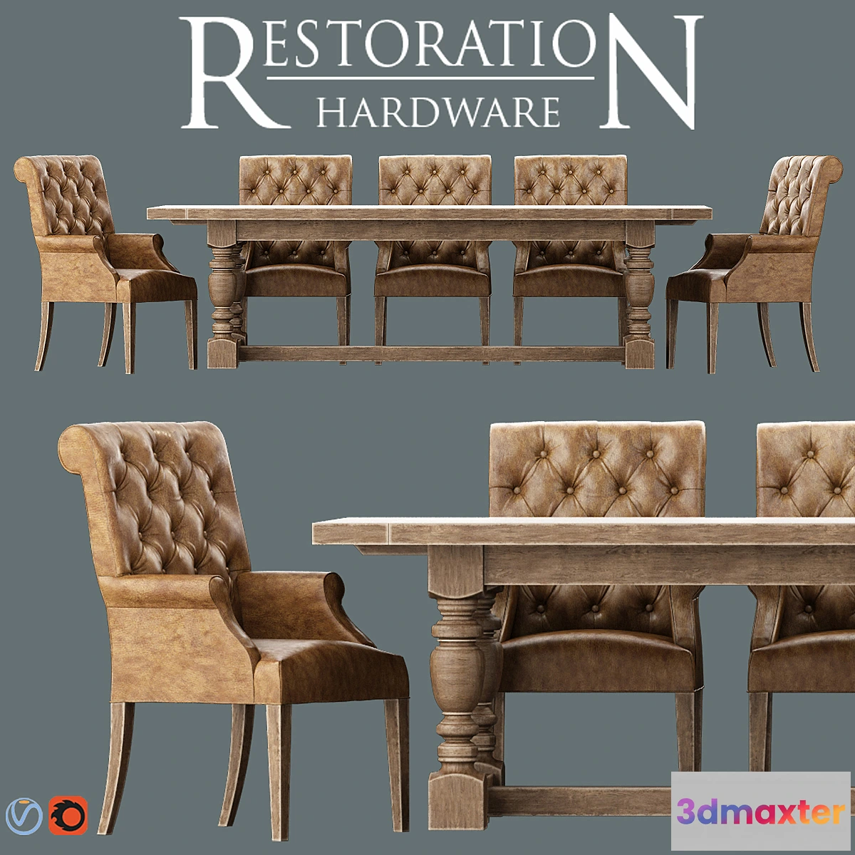 1436652 - Bennett Roll-Back Armchair _ 1930s French Farmhouse Rectangular Dining Table 3D Max