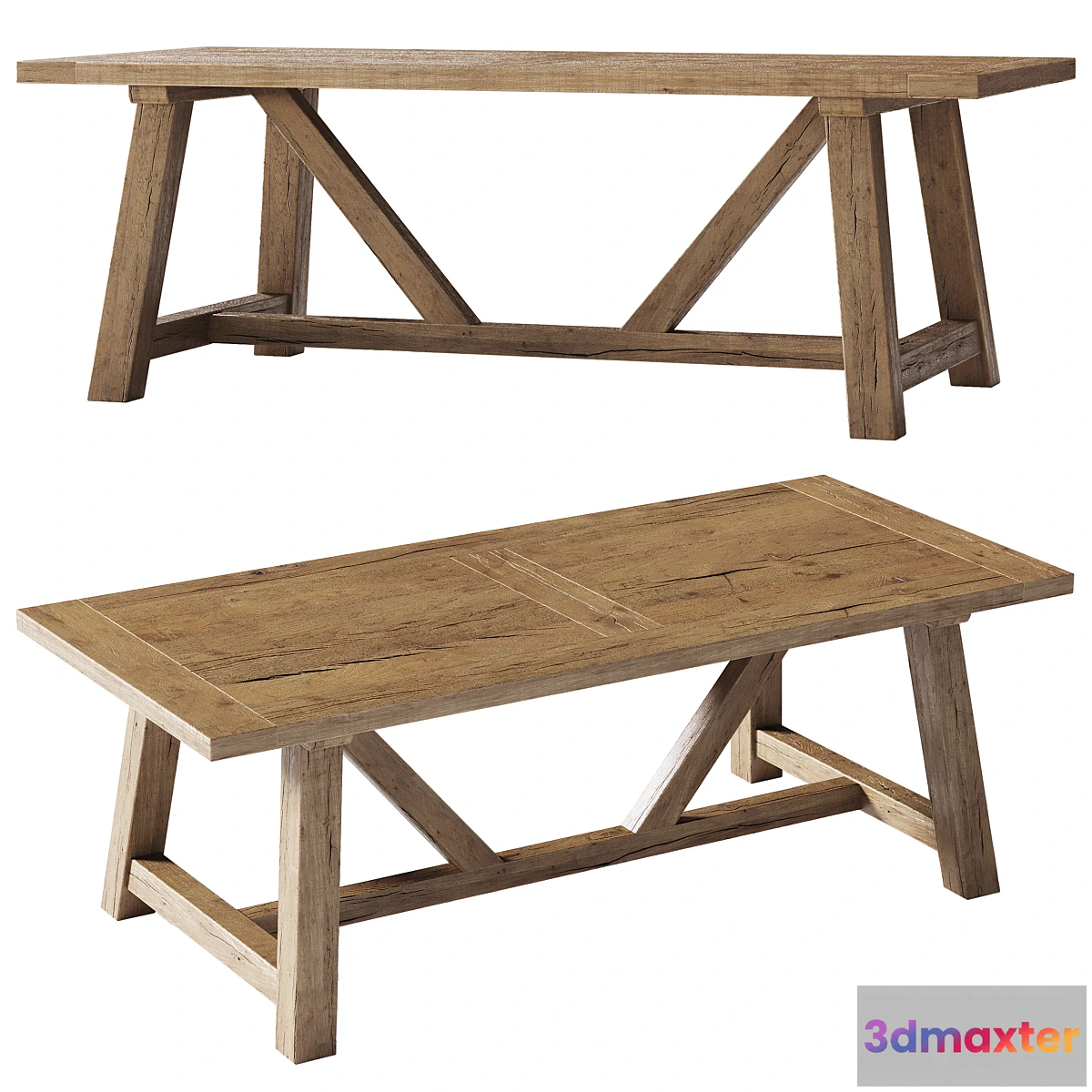 1328289 - Reclaimed Russian Oak Trestle Rectangular Dining Table - No.2 3D Max