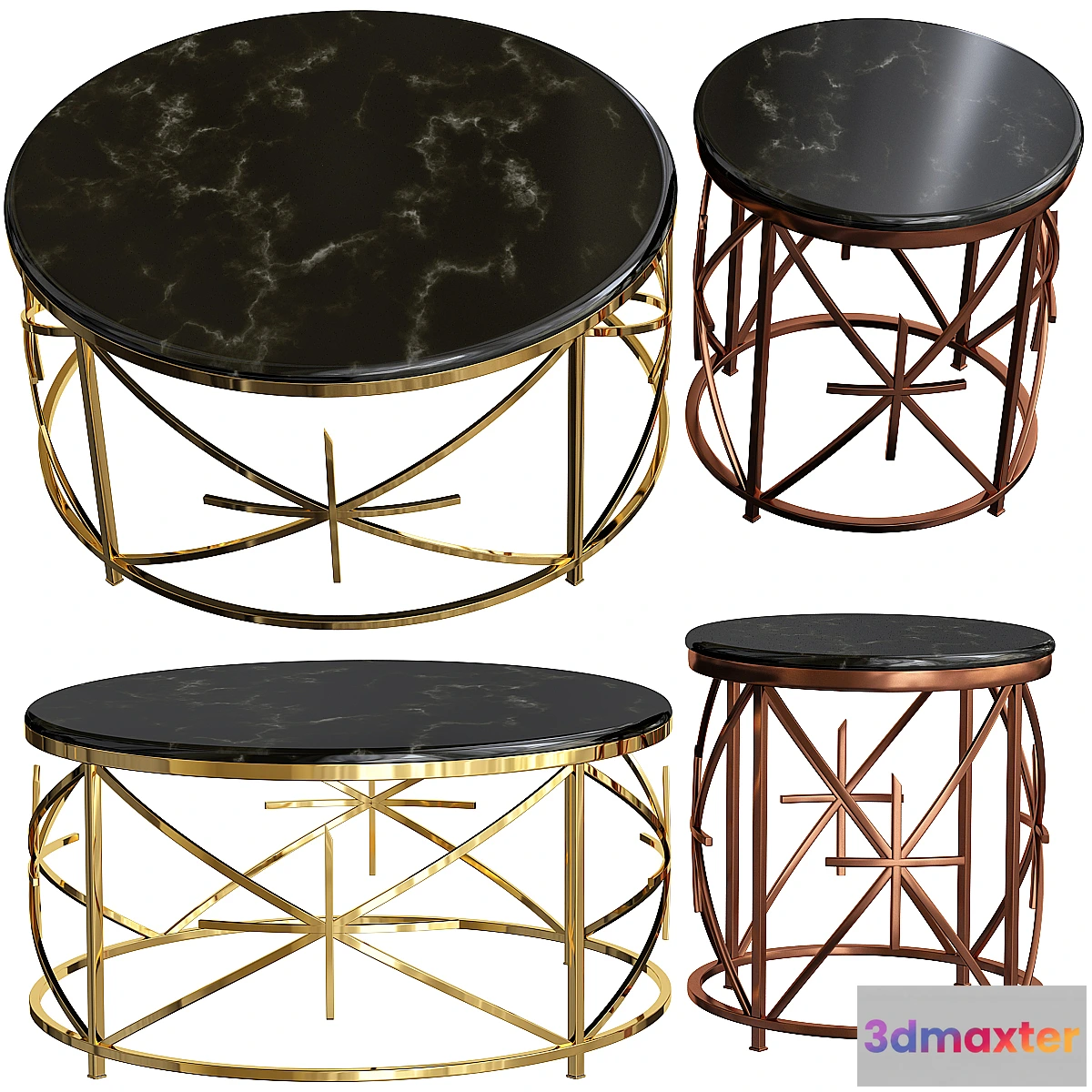 1457650 - Alvaro Black Marble Coffee Table _ Rose Gold Side Table Set 3D Max