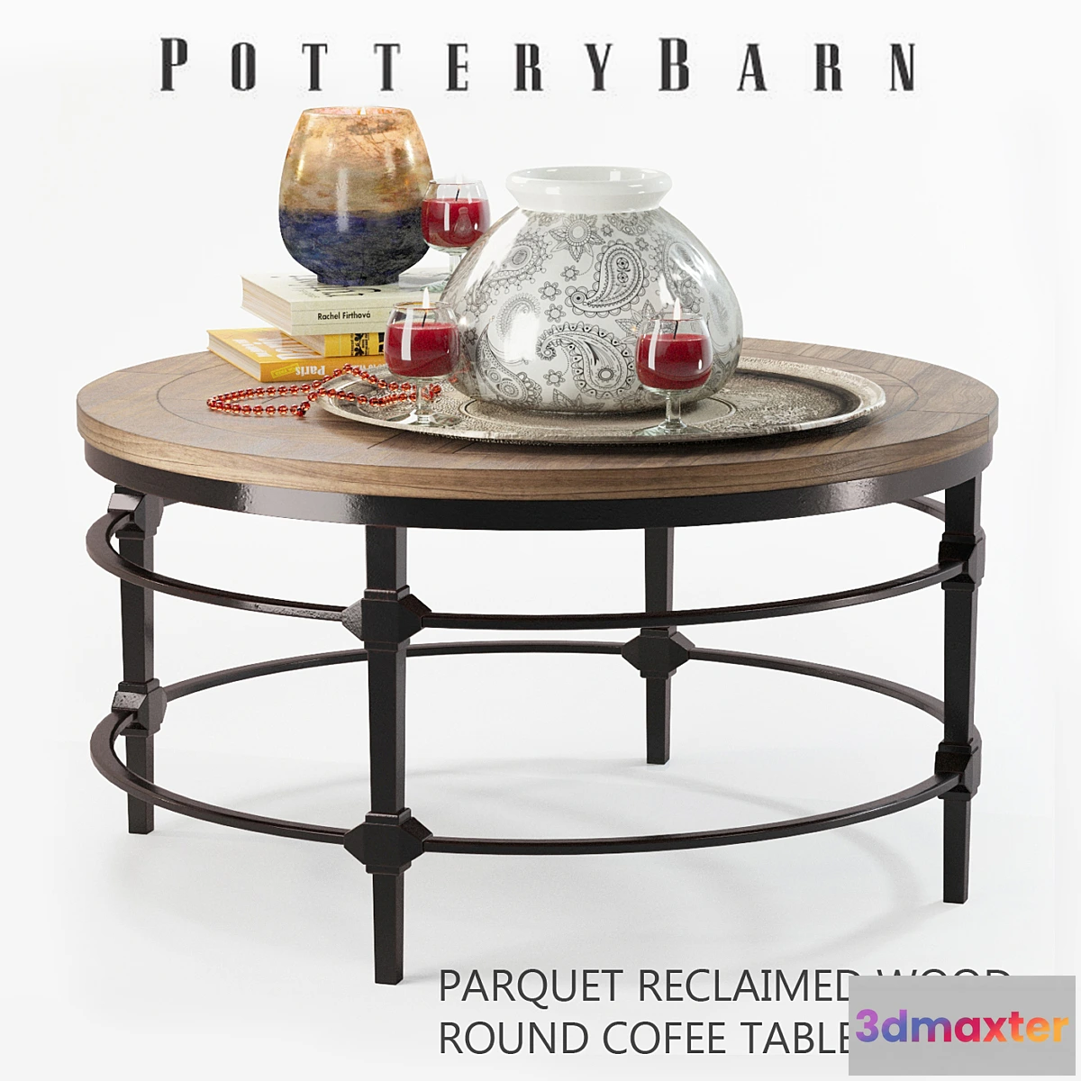 818800 - Parquet reclaimed wood round coffee table with decor