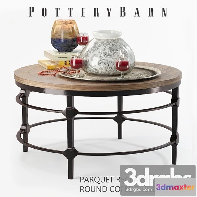 973608 - Parquet Reclaimed Wood Round Coffee Table With Decor 1