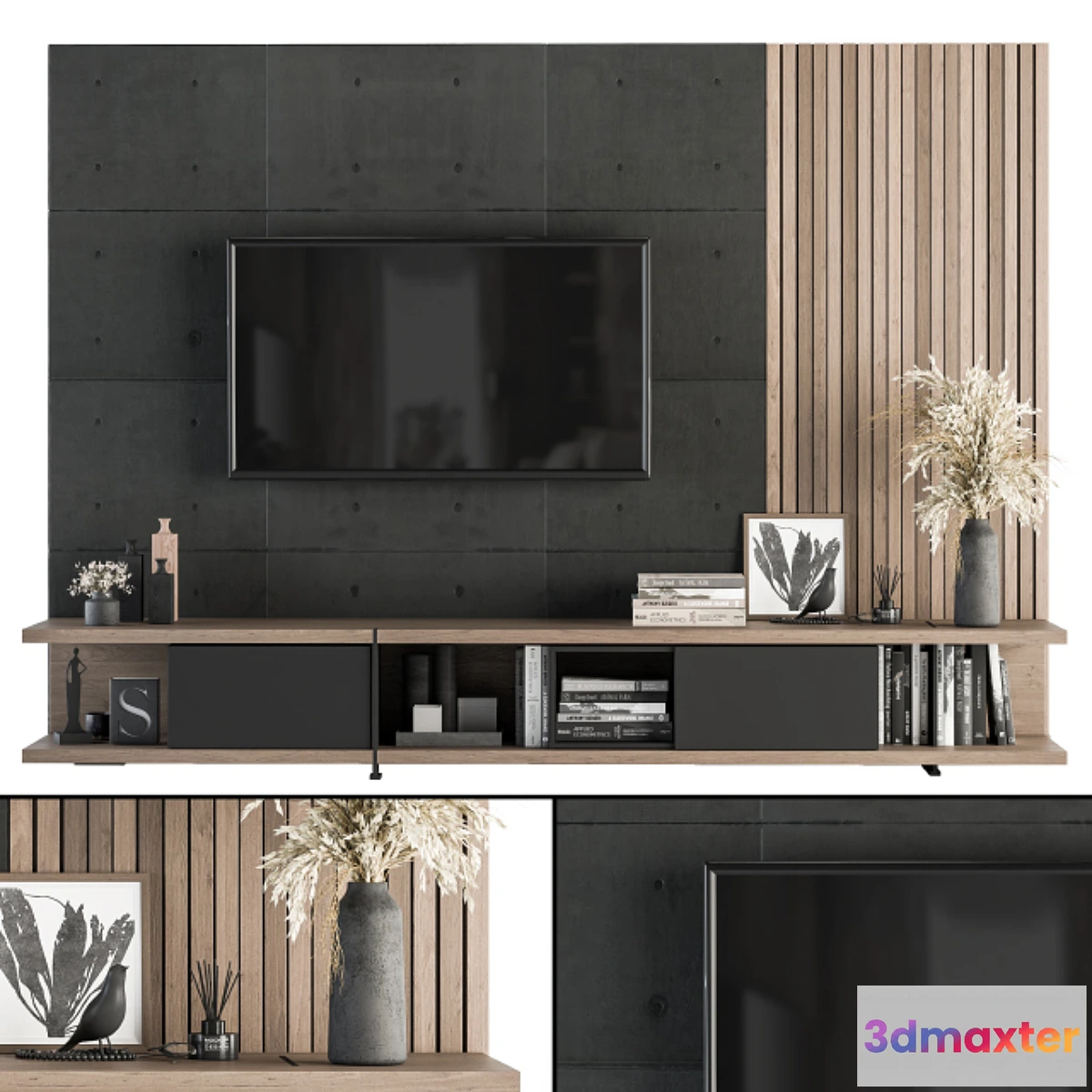 542847 - TV Wall Black Concrete and Wood - Set 10