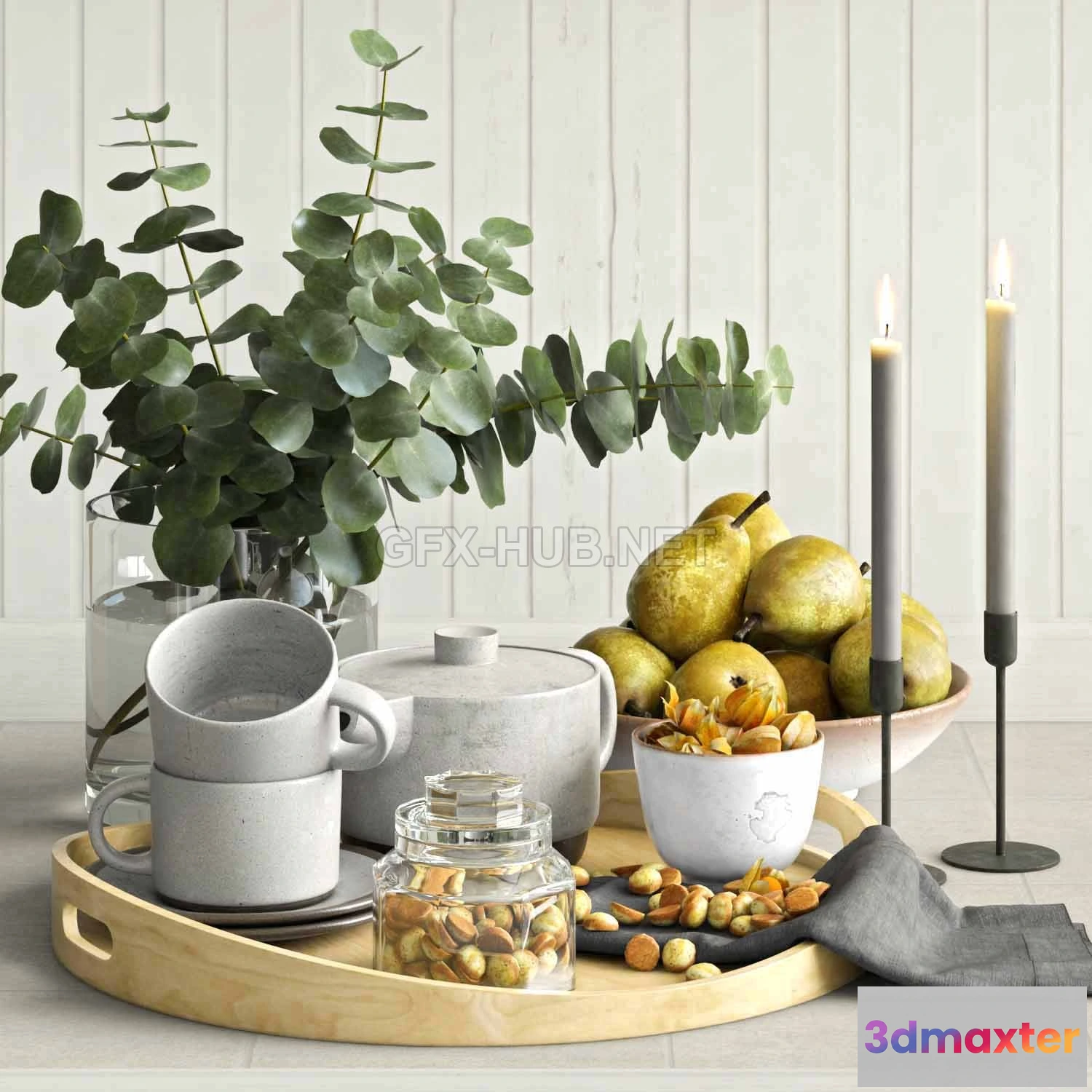 1078712 - Decorative set with eucalyptus and pears for the kitchen 3d model - 212269