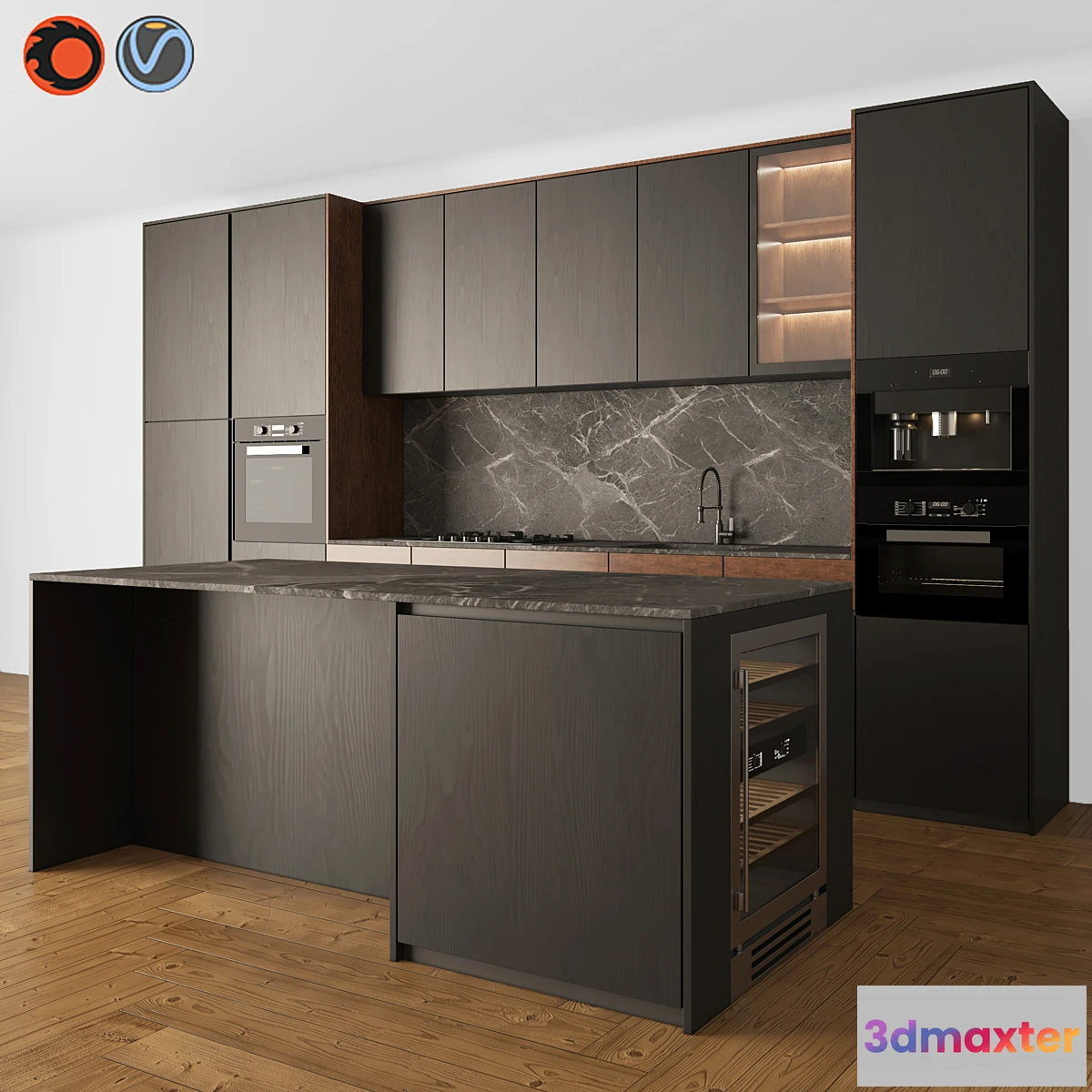 712194 - Kitchen Modern 05 Black & Wood